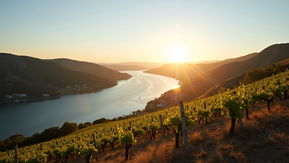 Vista aérea do Vale do Douro com vinhedos e rio ao entardecer
