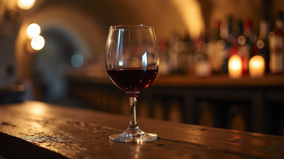 Close-up de um copo de vinho do Porto em uma adega tradicional