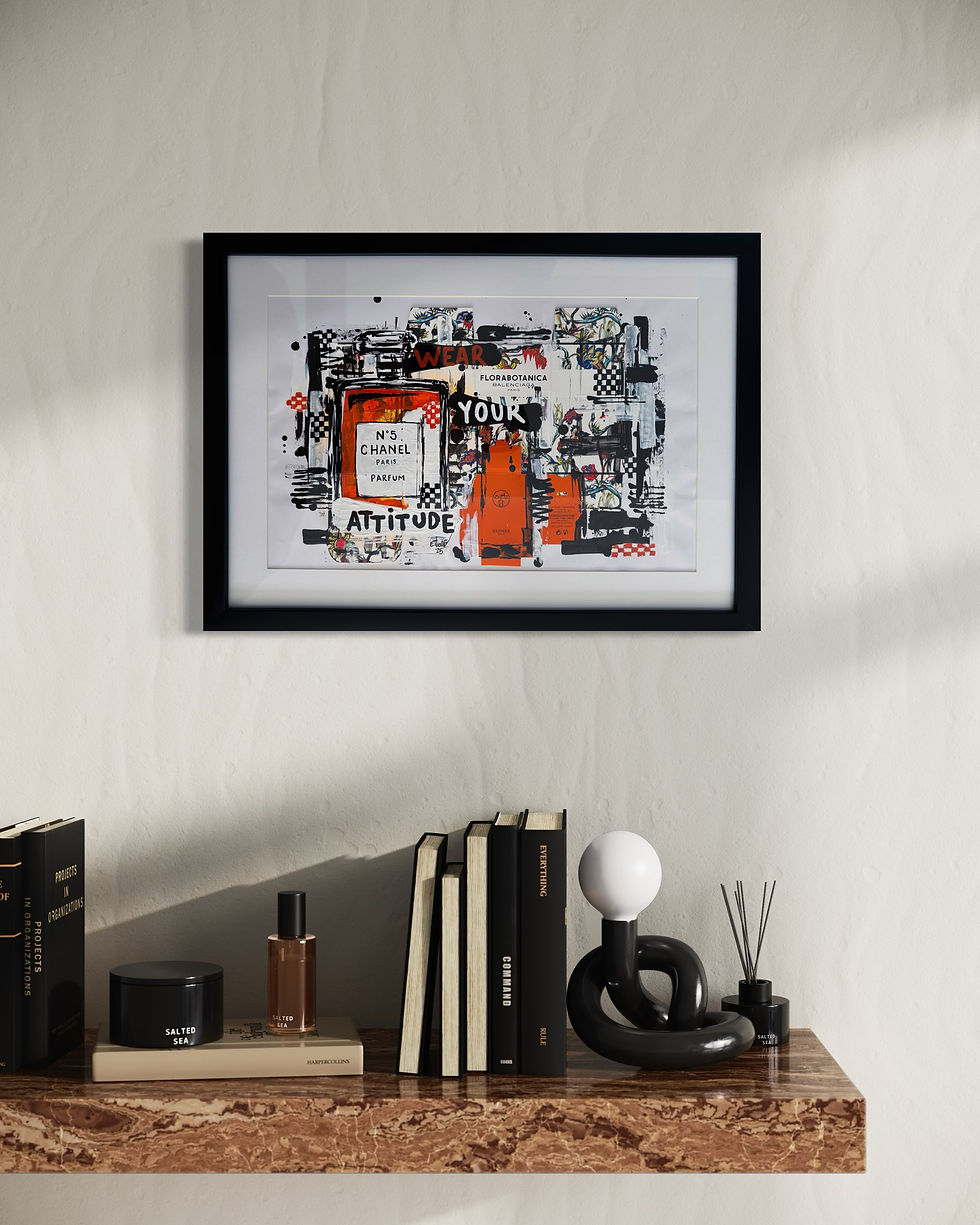 Eye-level view of colorful Chanel No 5 pop art painting on white wall