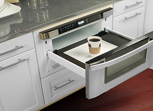 Microwave drawer in base cabinet, Microwave drawer in base cabinet Universal design Hamptons, kitchen design Hamptons, gray countertop, white cabinets, stainless steel handles