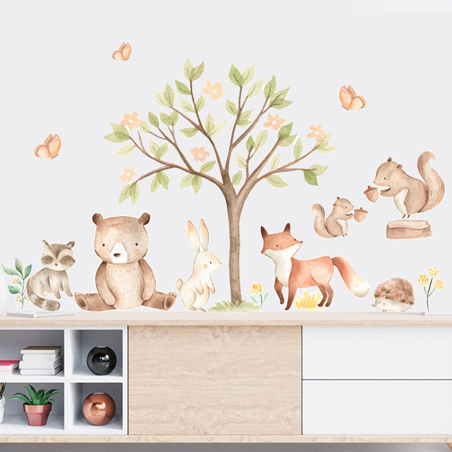 Miniature : SHD - Cartoon Watercolor Forest Animals Deer Plant Wall Sticker Nursery Vinyl Ch