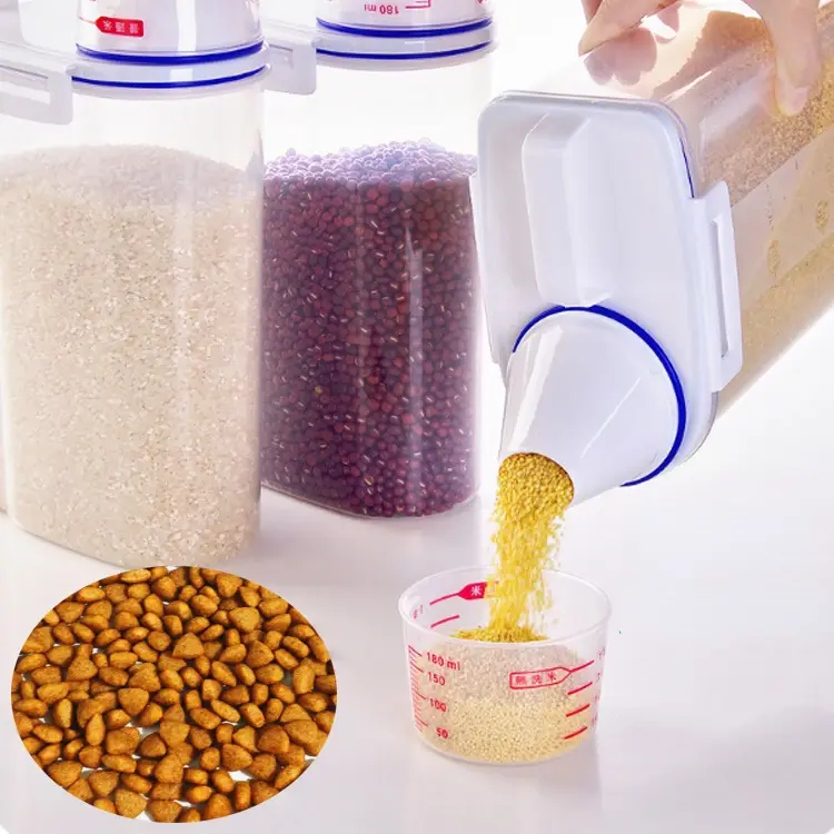 Miniature : 1.5kg/2kg Dog Cat Food Pail Plastic Storage Tank with Measuring Cup Container Mo