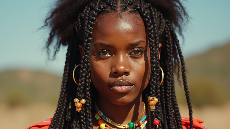 Eye-level view of triangle box braids styled with gold cuffs and colorful beads