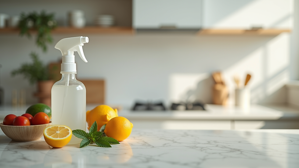 Eye-level view of a spray bottle and natural cleaning ingredients on a kitchen counter