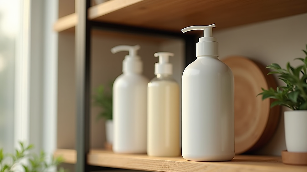 Close-up view of eco-friendly cleaning bottles on a wooden shelf