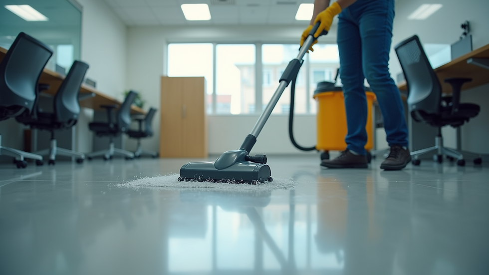 Eye-level view of a janitor vacuuming a modern office floor