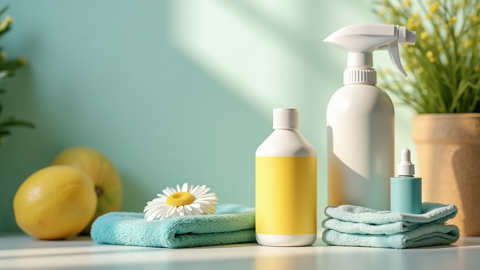 Close-up view of eco-friendly cleaning products and equipment