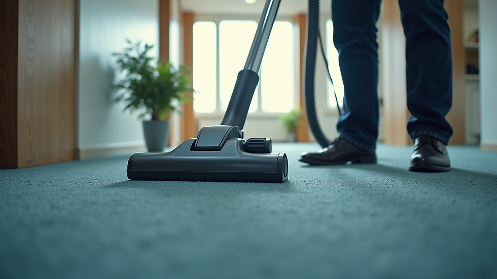 High angle view of a professional cleaner vacuuming an office carpet