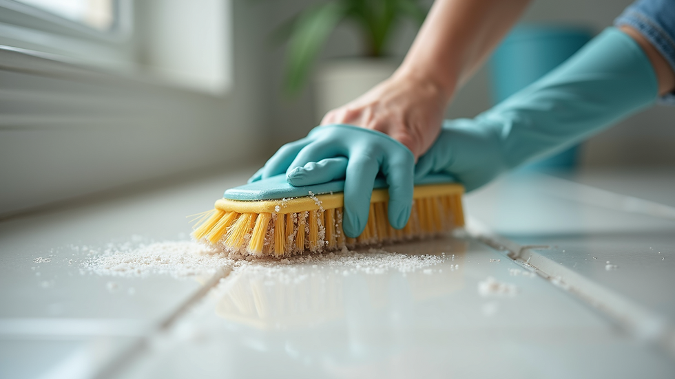 Close-up view of a scrub brush cleaning tile grout