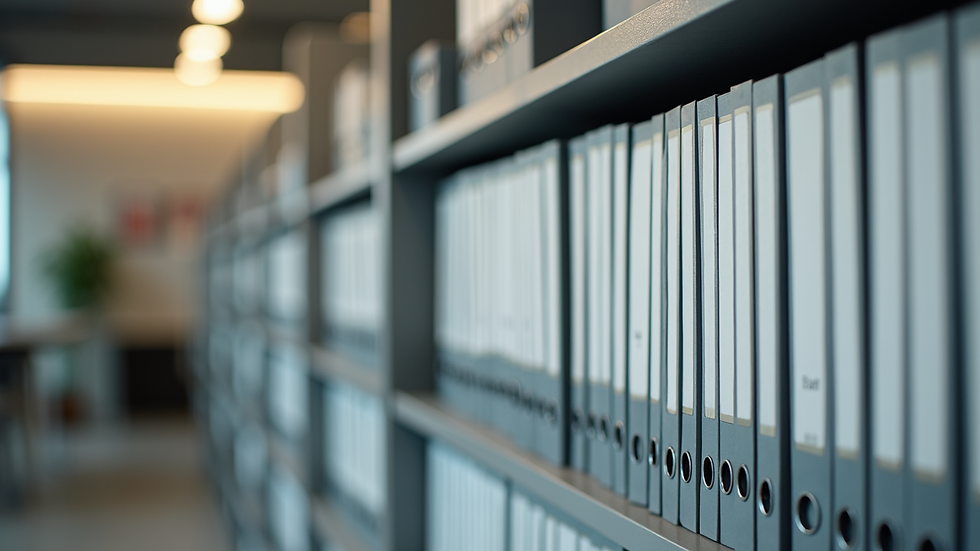 Close-up of a clean office shelf with neatly arranged files and supplies