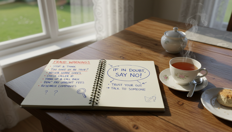 Overhead view of a notebook listing fraud warning signs beside a cup of tea.