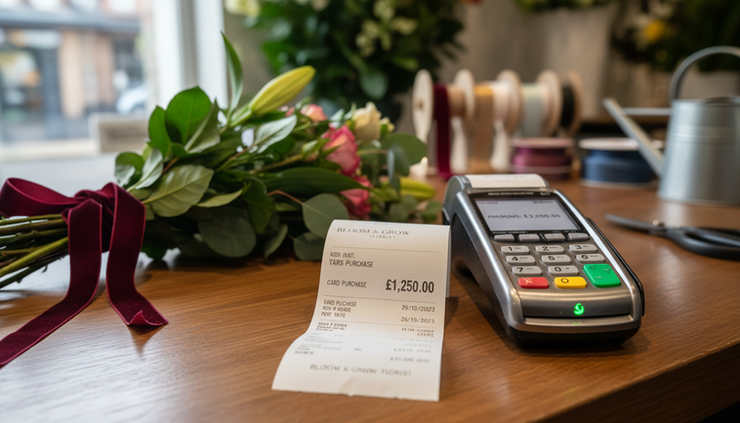 Close-up view of a hand holding a receipt beside a card machine at a shop counter