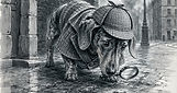 Delilah the Dachshund dressed as Sherlock Holmes investigating scams