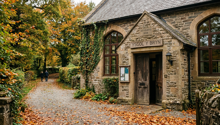 Eye-level view of a quiet school building entrance with autumn leaves