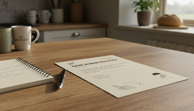 Close-up view of a printed event invitation email beside a notebook and pen on a kitchen table.
