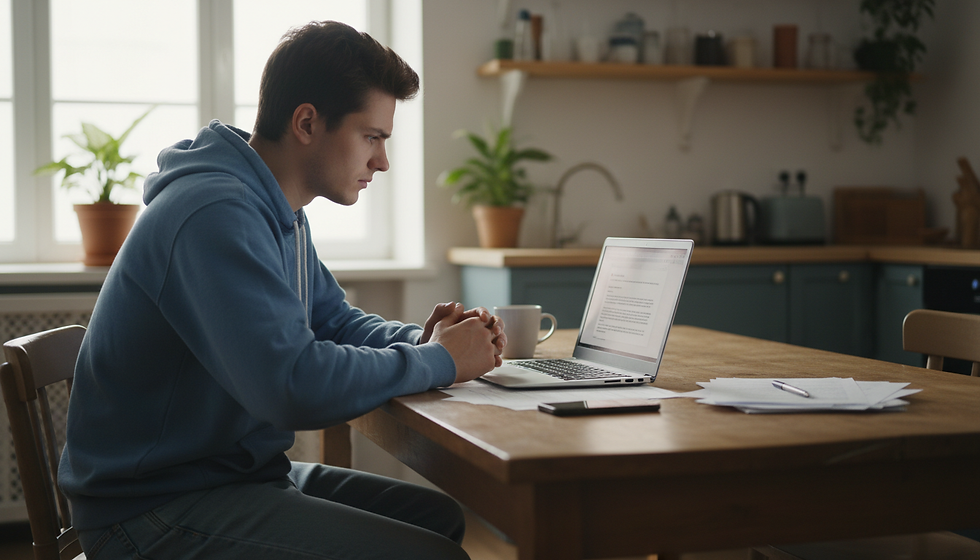 A jobseeker on his laptop with a coffee looking at online posts