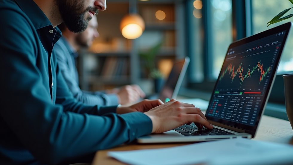 Eye-level view of a person analyzing stock market data on a laptop