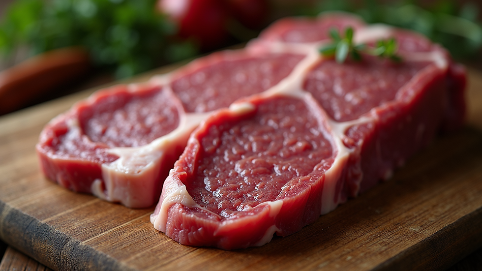 Close-up view of premium beef cuts from a Belted Galloway