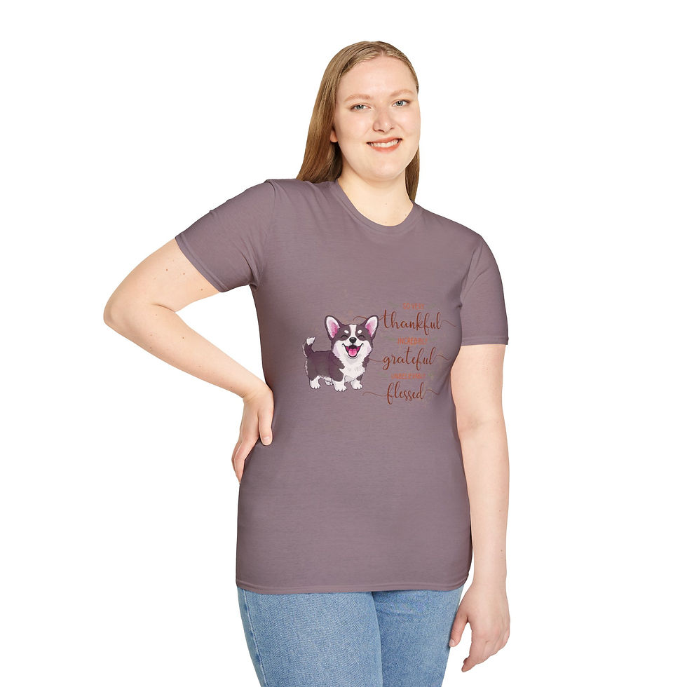 Thumbnail: Thankful, Grateful, Blessed Tri Corgi Unisex T-shirt, Soft Style Comfort Fit