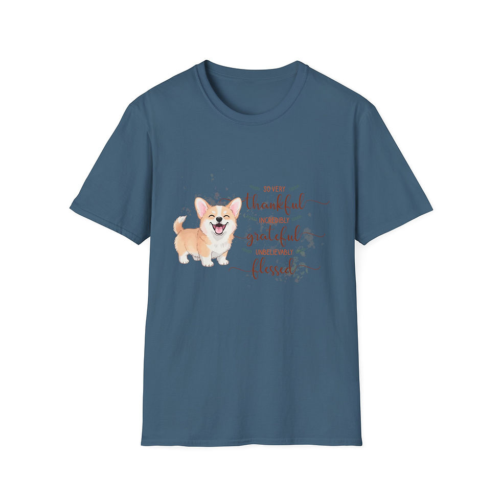 Thumbnail: Thankful, Grateful, Blessed Fawn Corgi Unisex T-shirt, Soft Style Comfort Fit