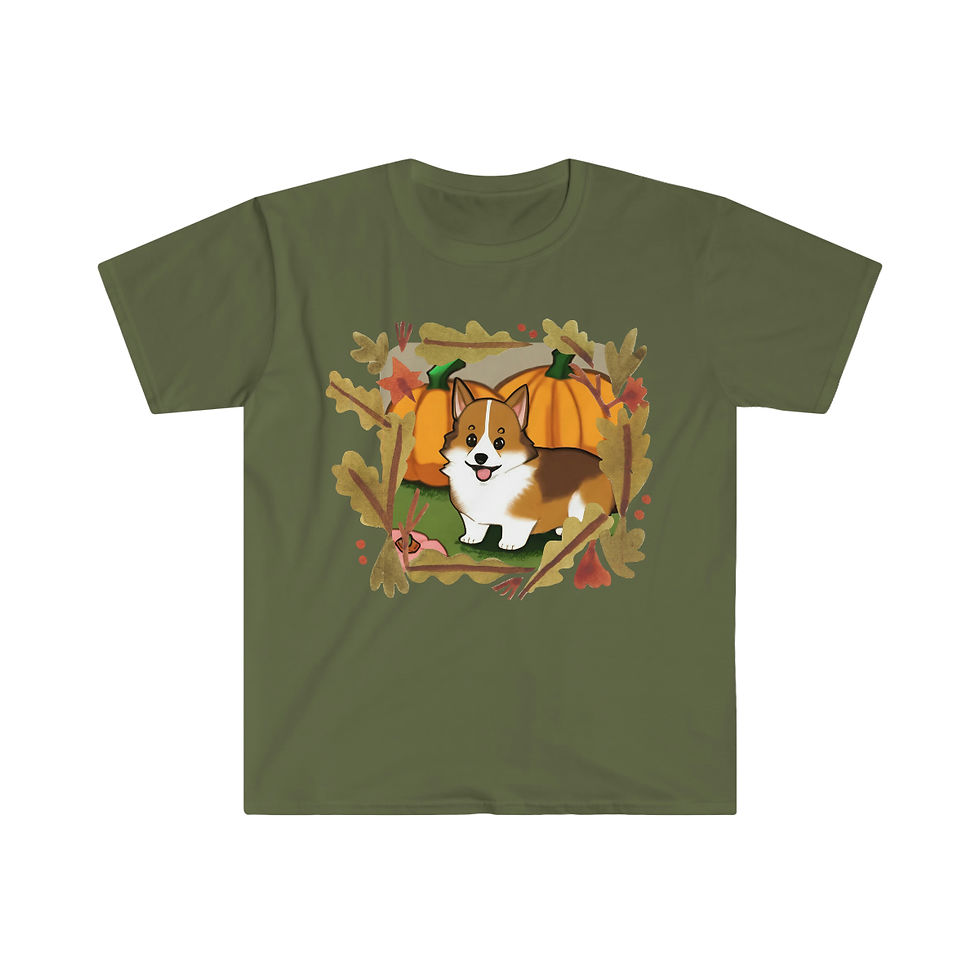 Thumbnail: Autumn Seasonal Corgi Unisex *Softstyle* T-Shirt Pembroke Welsh Corgi & Pumpkins