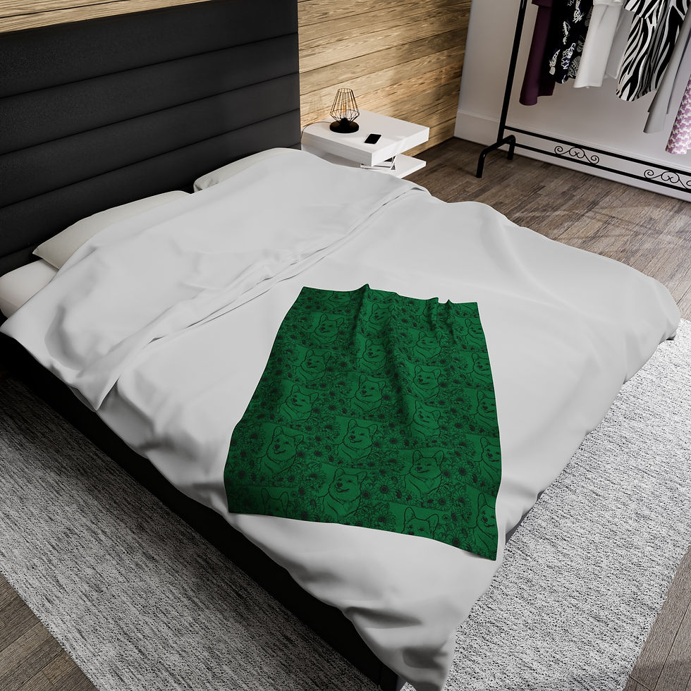 Thumbnail: Corgi and Sunflowers Velveteen Plush Blanket in Green