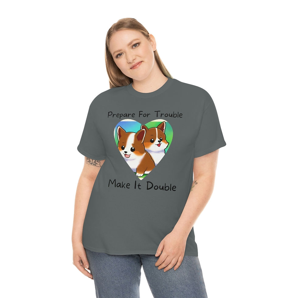 Thumbnail: Two Corgis, Double Trouble Unisex Heavy Cotton Tee! Double Trouble