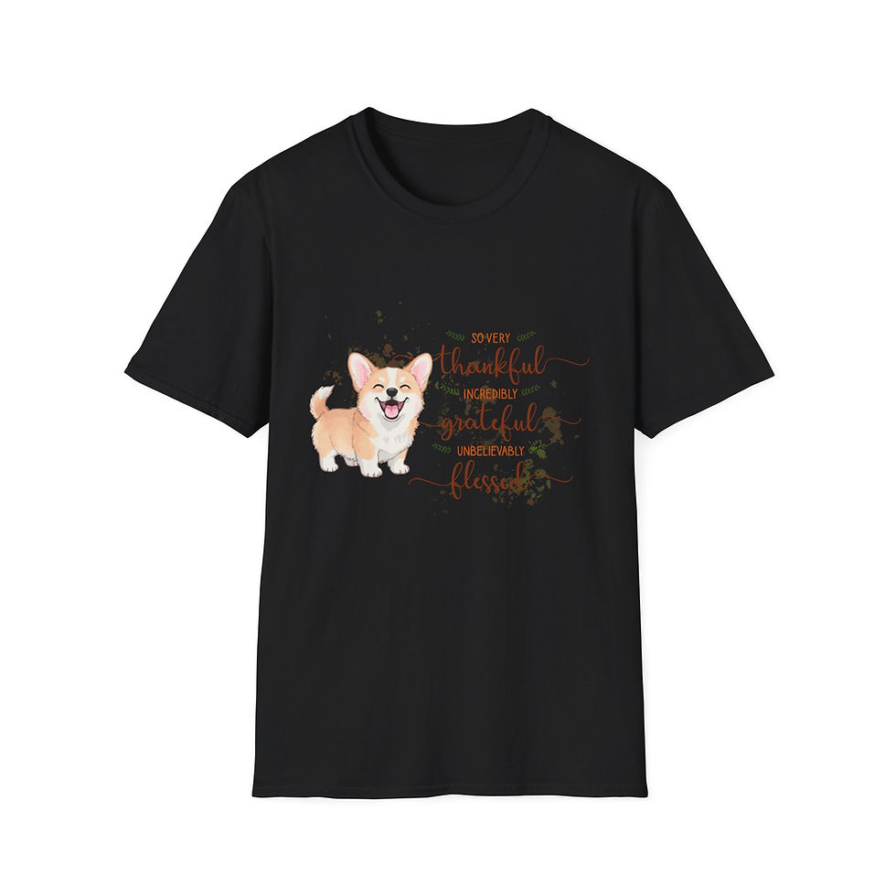 Thumbnail: Thankful, Grateful, Blessed Fawn Corgi Unisex T-shirt, Soft Style Comfort Fit