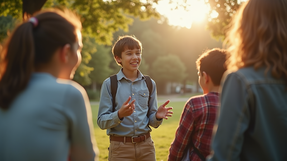 Eye-level view of a young person leading a group discussion outdoors