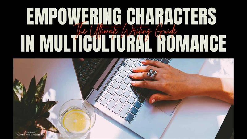 Program Heading of Empowering Characters in Multicultural Romance with a hand over a laptop