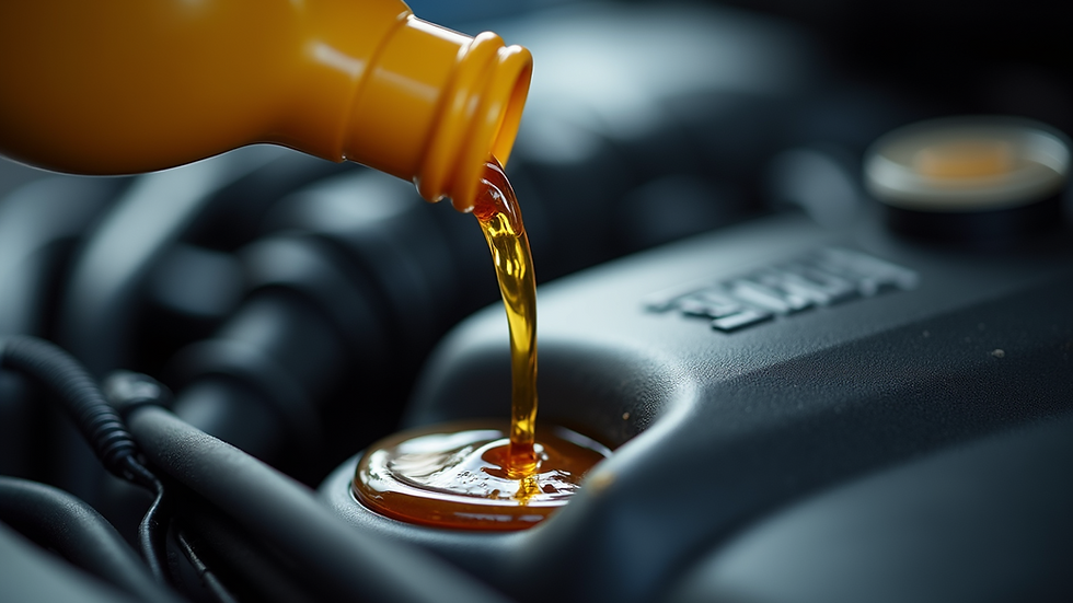 Close-up view of car engine oil being poured