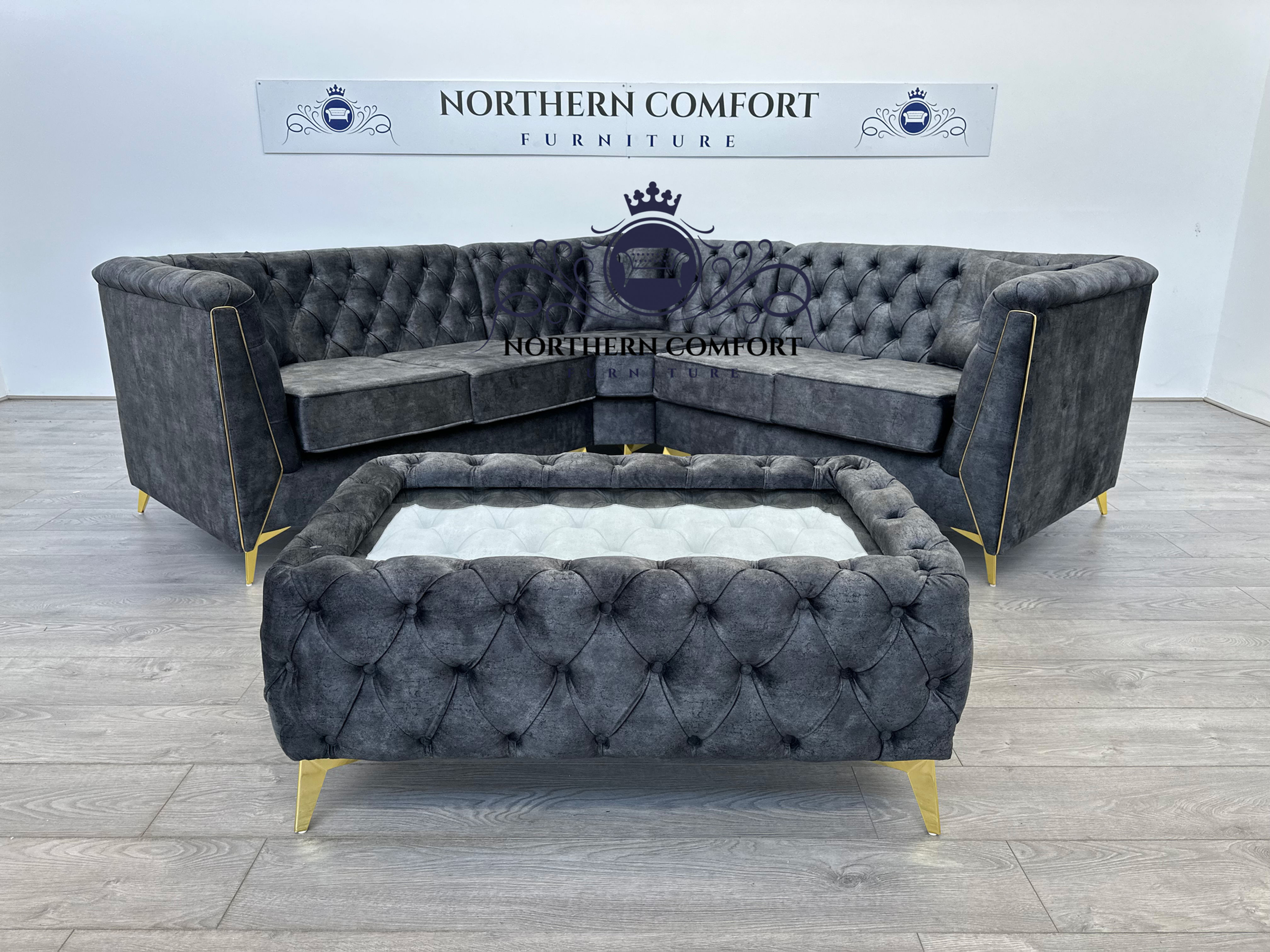 Istanbul Chesterfield Corner Sofa in Marble Gunmetal Velvet