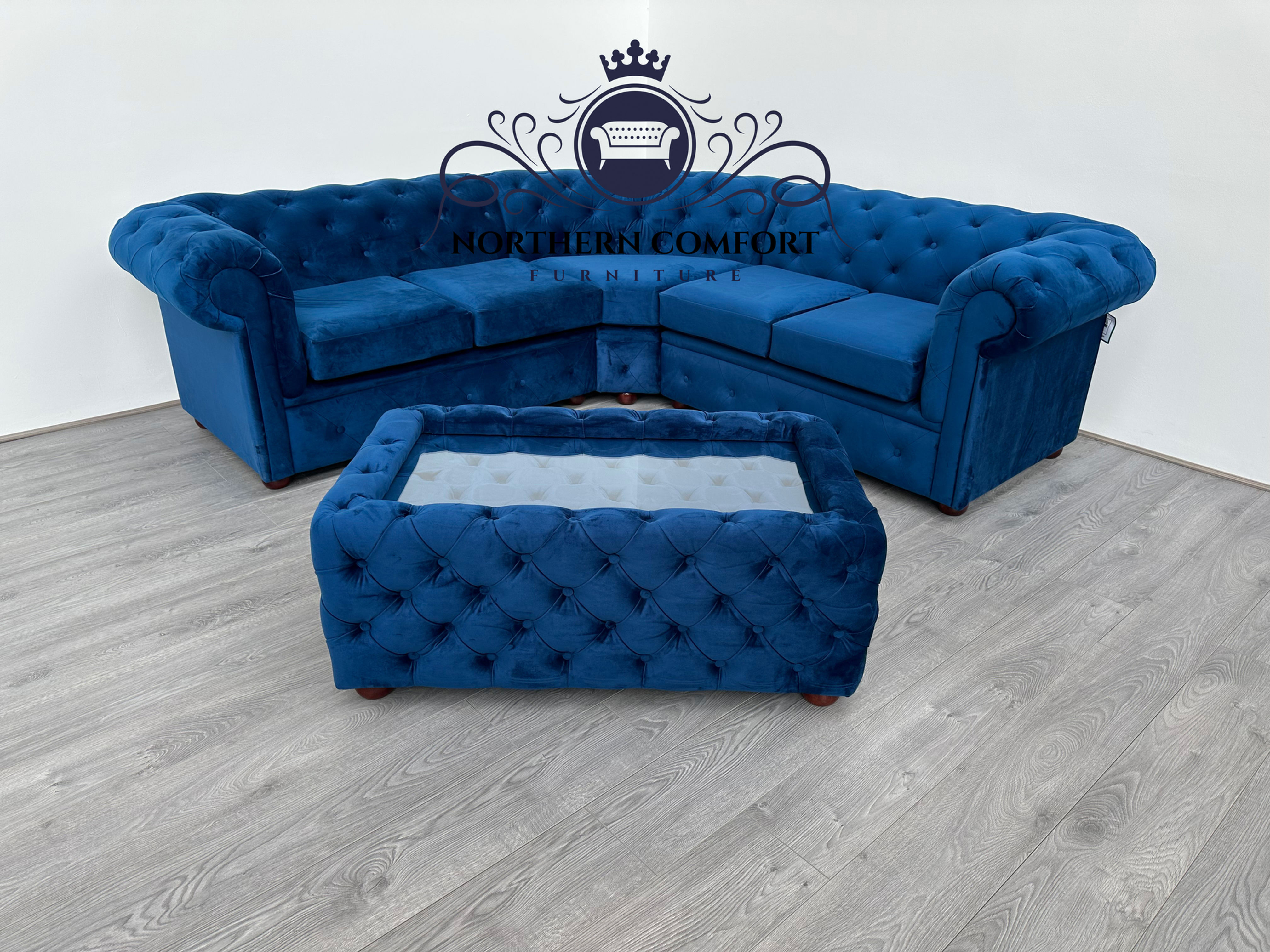 Chesterfield Corner Sofa in Blue Plush Velvet