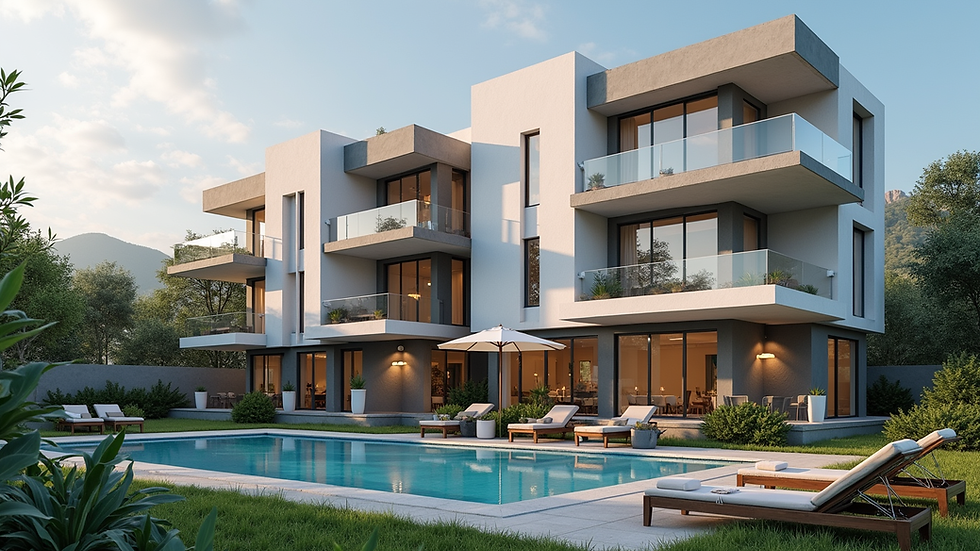 Vista panorámica de un edificio residencial con sistemas tecnológicos integrados