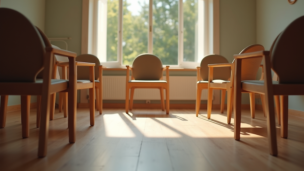 Eye-level view of a community meeting space with chairs arranged in a circle