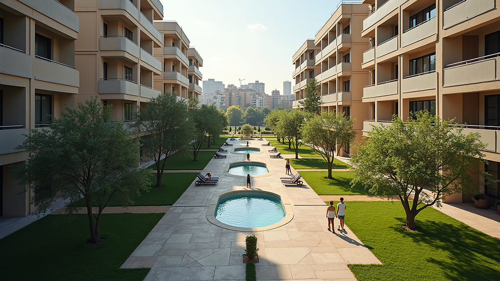 Vista aérea de edificio residencial con áreas comunes bien mantenidas