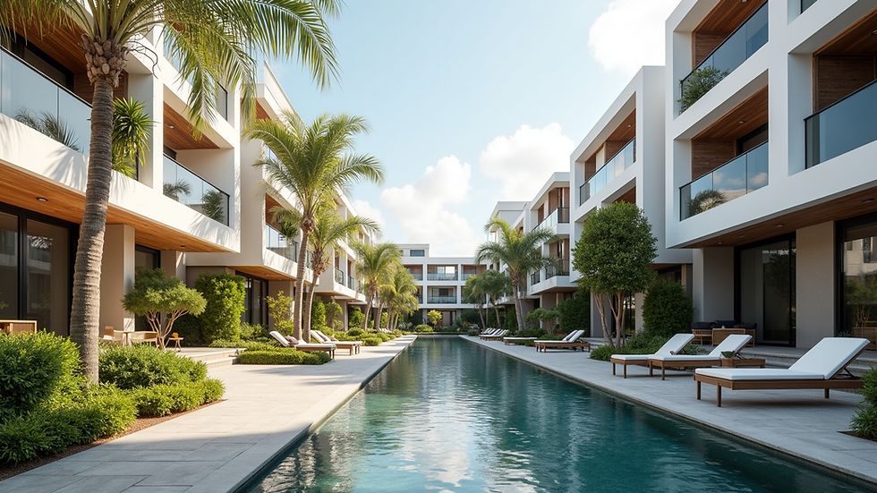 Vista panorámica de un conjunto residencial moderno con áreas comunes limpias y organizadas
