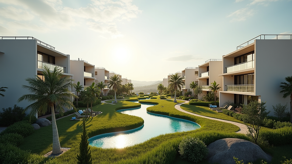 Vista panorámica de un conjunto residencial moderno con áreas verdes