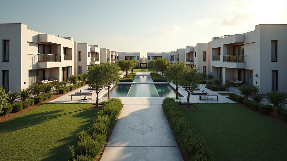 Vista aérea de un conjunto residencial moderno con áreas comunes bien definidas