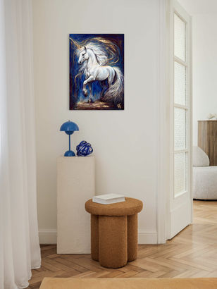 Unframed painting of a unicorn by Vicky Tucker, interior decor idea.