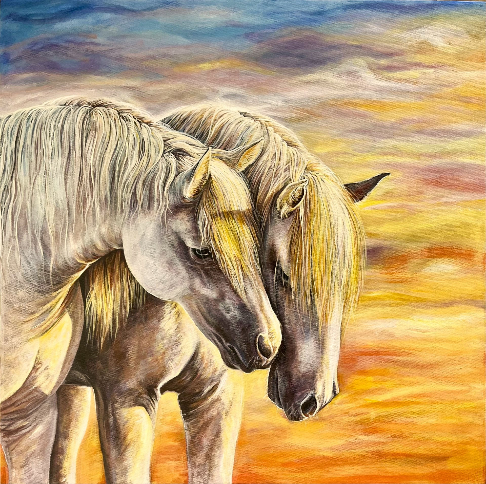 A painting of two horses at sunrise by Vicky Tucker Artist