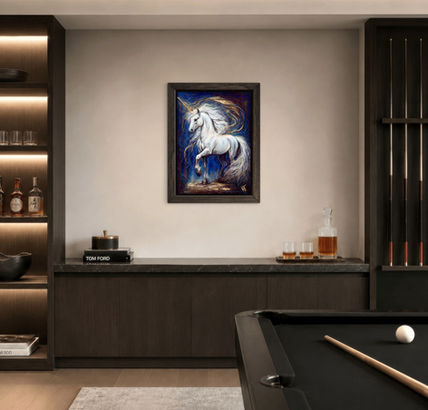 Framed painting of a unicorn by Vicky Tucker, interior decor idea.