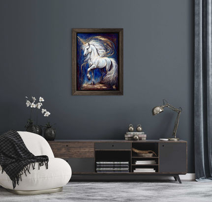 Framed painting of a unicorn by Vicky Tucker, interior decor idea.