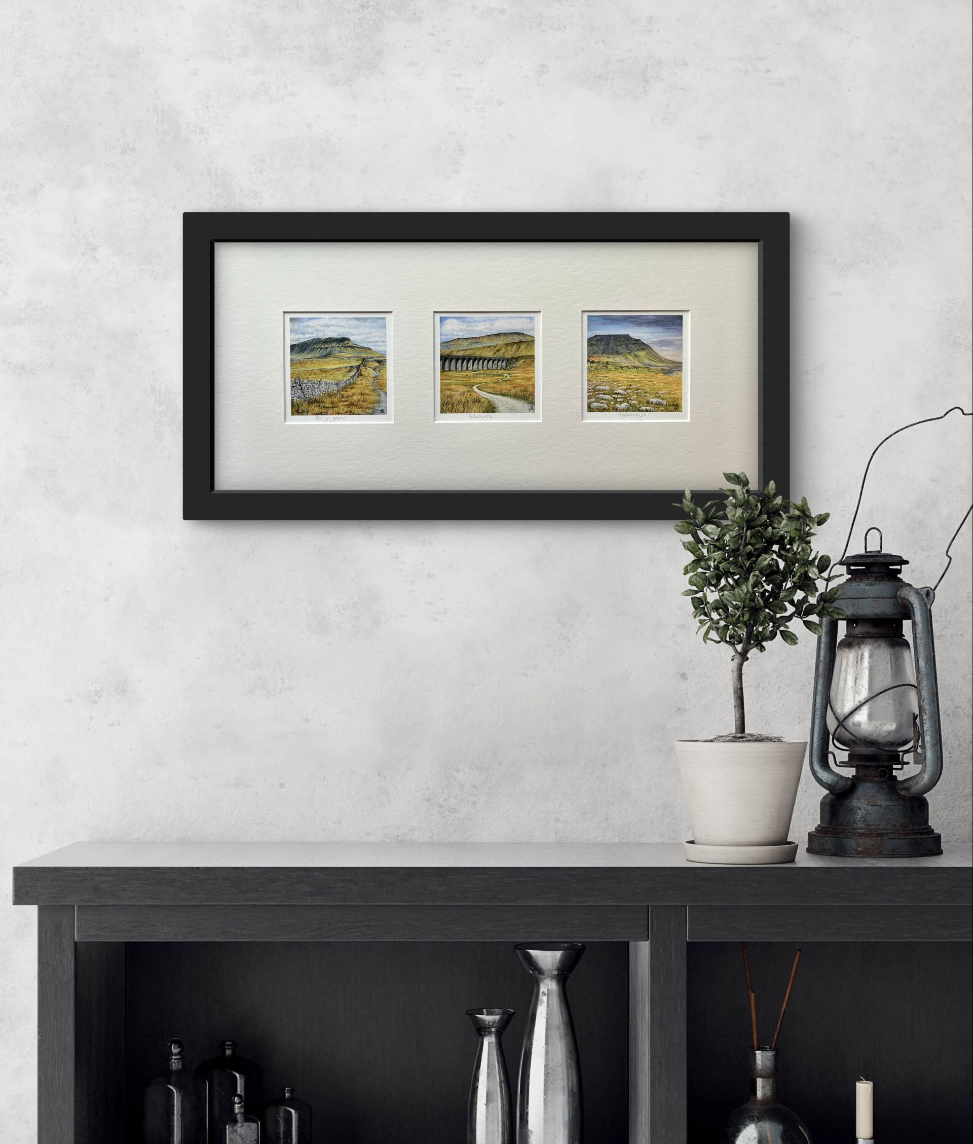 Fine art print feturing 3 seprate landscape paintings of Pen-y-ghent, Whernside, and Ingleborough, by Vicky Tucker Artist.