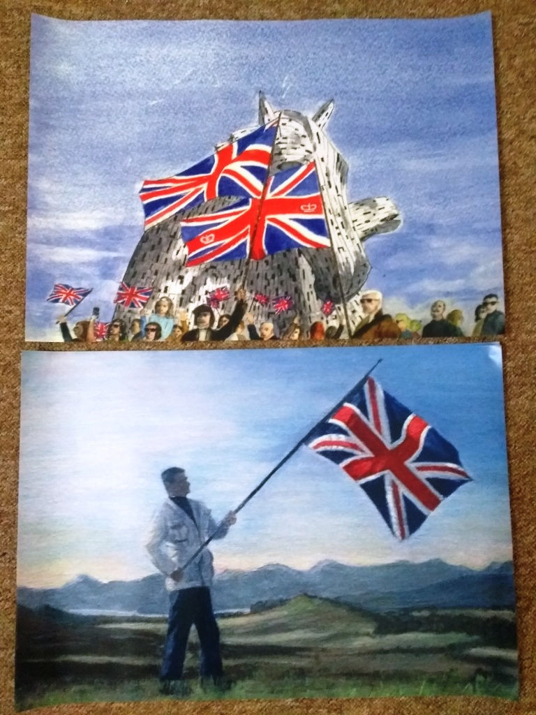 A2 posters of paintings of Union Jacks at the Kelpies and above Loch Lomond
