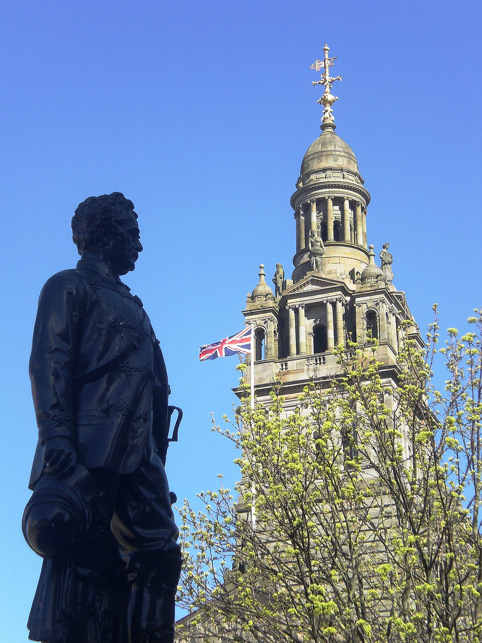Glasgow City Chambers flying the Flag on Her Majesty's Birthday. Lord Clyde in foreground. Pic AFFG 21-4-18.