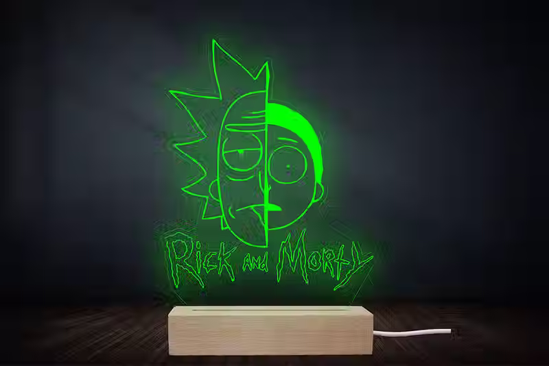 Lampe veilleuse LED gravée Rick et Morty – Socle en hêtre massif – Décoration geek et cadeau original