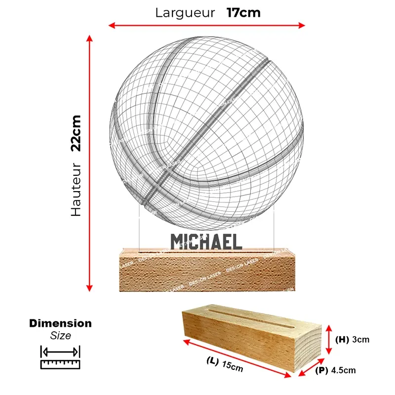 Lampe basketball personnalisée avec le prénom du joueur de basket
