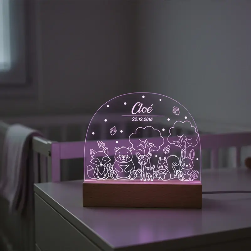 Miniature : Veilleuse LED bébé personnalisée animaux de la forêt - Cadeau naissance original et décoration chambre enfant