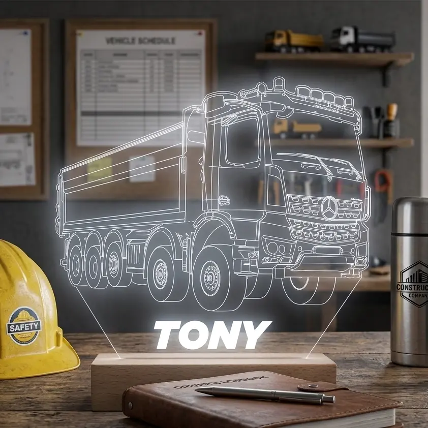 Miniature : Lampe LED cadeau représentant un camion Mercedes Arocs 5048 pour conducteur de camion de chantier, plaque en plexiglass